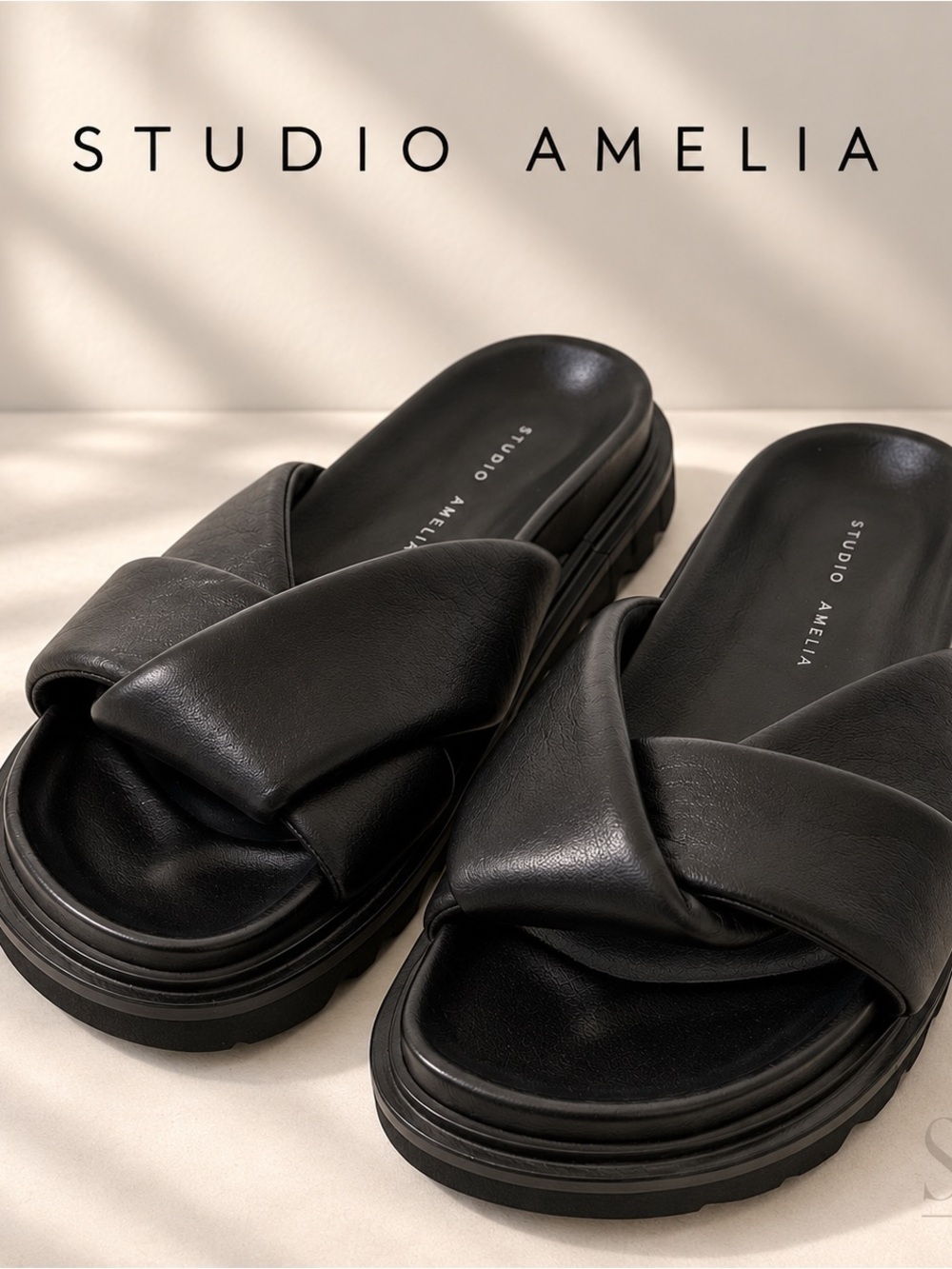 Studio Amelia Black Nappa Leather Padded Crossover Flatform Slide Sandals 37 US7